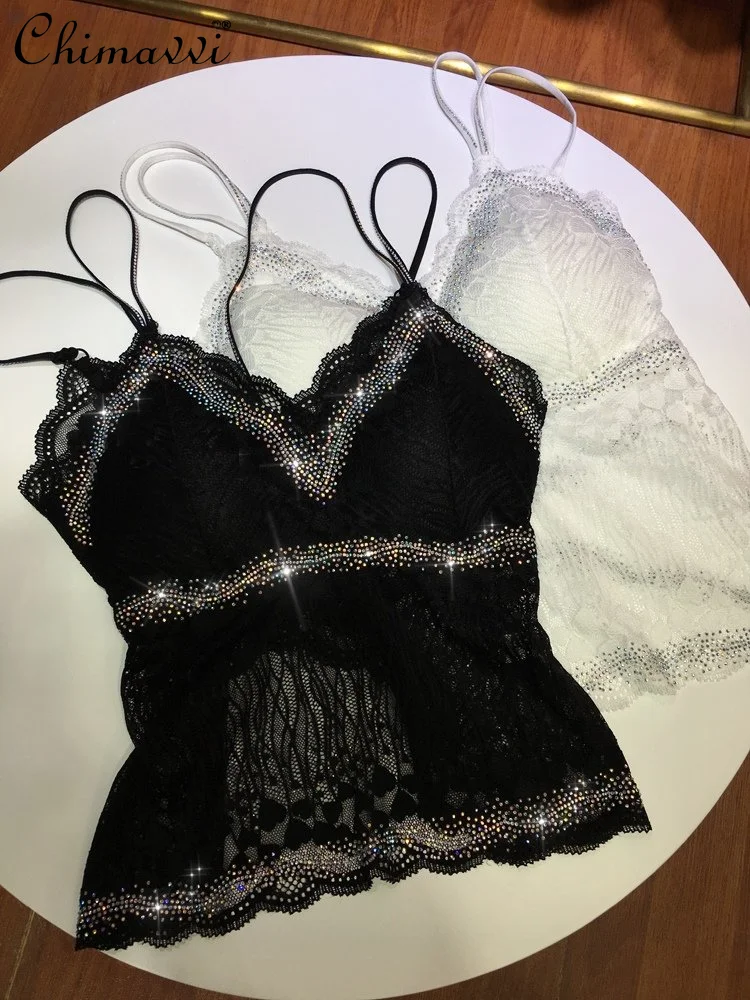 

Black Lace Tank Top Heavy Industry Rhinestone Camisole Women 2023 Summer Sexy V-neck Slim-Fit See-through Vest White Crop Top
