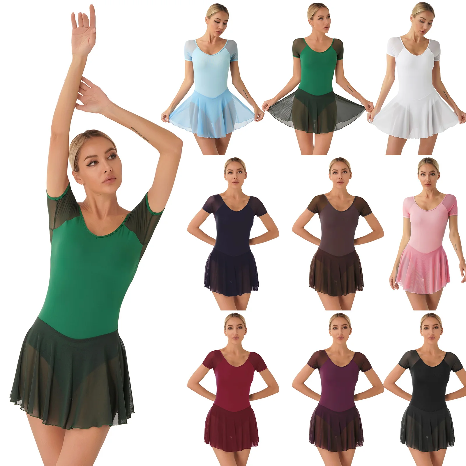 Womens Gymnastics Ballet Dance Leotards Dress Short Sleeve Sheer Mesh Ruffled Skirted Leotard Dresses Dancewear Training Costume