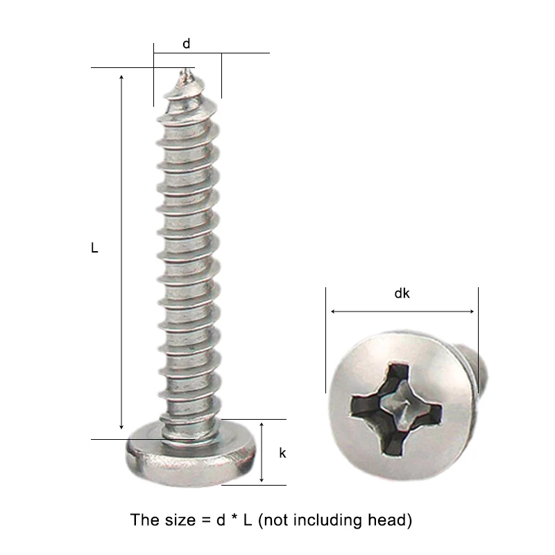 M1 M1.2 M1.4 M1.7 M2 M2.3 M2.6 M3 M3.5 M4 M5 M6 Stainless Steel 304 Cross Phillips Pan Round Head Self Tapping Screw Wood Screws