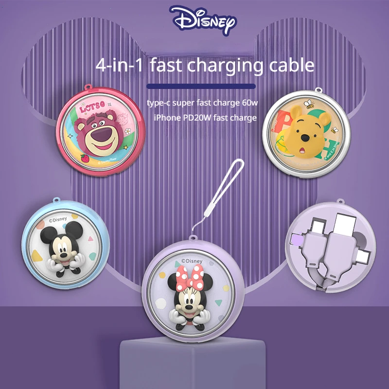 

2023 New 65W Disney Mickey Minnie Mouse Fast Charger Cable Cartoon Creative 4 in 1 USB Charging Cable for IPhone Android Type-c