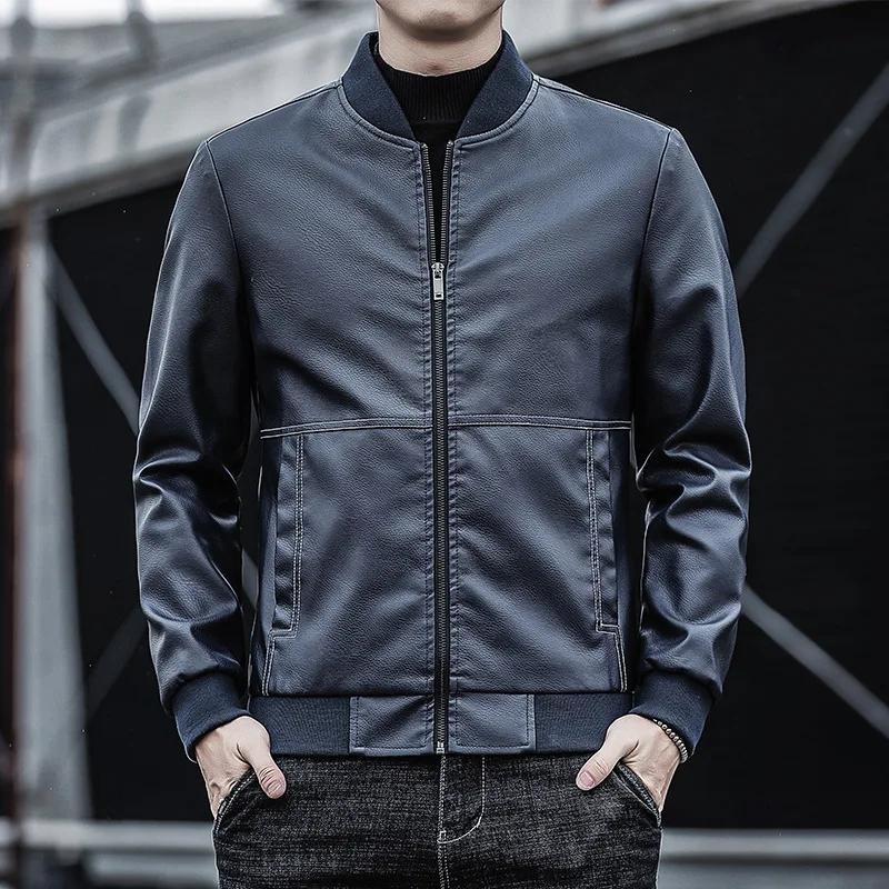

2023 New Men's Slim-Fit Handsome PU Leather Jacket Youth Motorcycle Stand Collar Casual Leather Jacket
