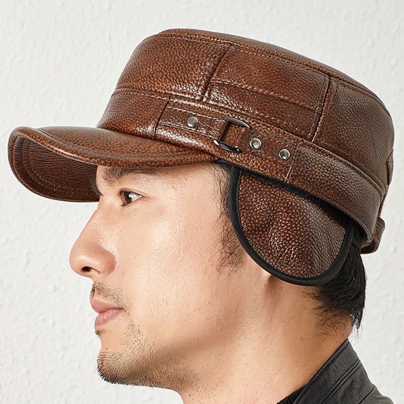 

Cowhide Leather Hat For Men Winter Male Brown Warm Earflap Windproof Outdoor Flat Top Cap Casual Gorras Hombre Free Shipping