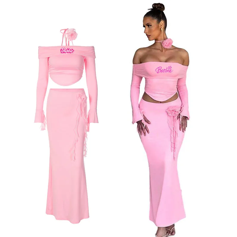 Kawaii Cartoon Barbie Fashion Sexy Tube Top Manica Lunga Top Gonna Vestito Ragazza Con Bell'Aspetto Temperamento Versatile Gonna Hip