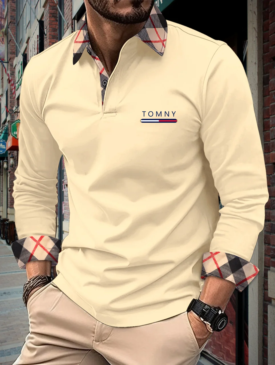 

2024 Spring and Autumn Long sleeved Checkered Panel Polo Shirt Men's Fitness Running T-shirt Fashion Polo Shirt European Size s-