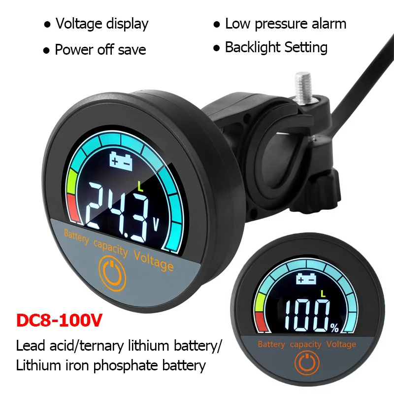 

DC8-100V Digital Round Voltmeter Battery Capacity Monitor LCD Color Screen Lead-acid Lithium LiFePO4 12V 24V 48V 72V Voltmeter