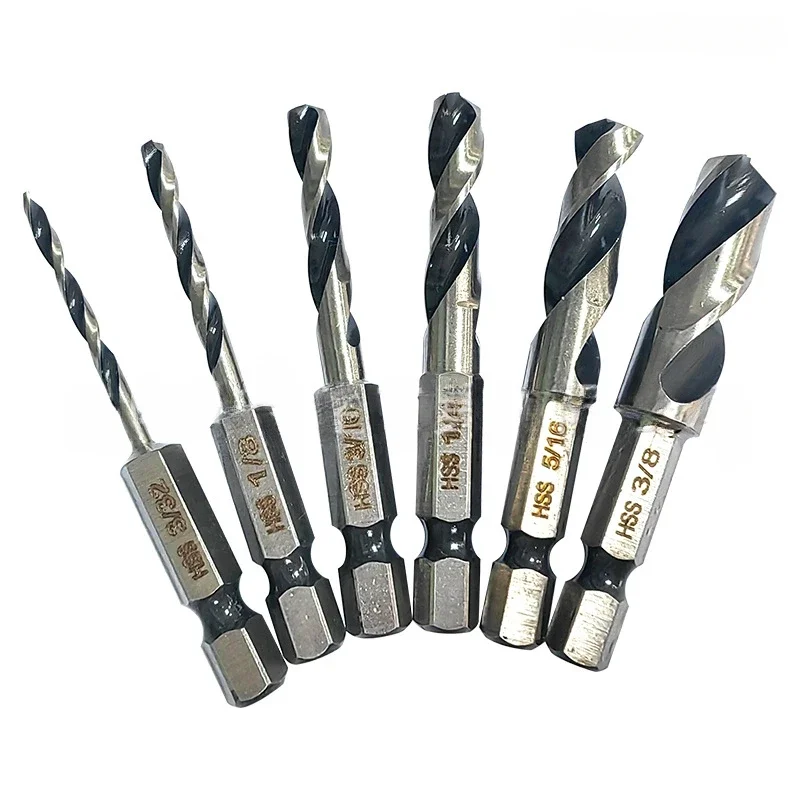 6pc High Speed Steel Hexagonal Shank Integrated Twist Drill British System Woodworking Drill Two Edge and Two Slot Drilling Tool