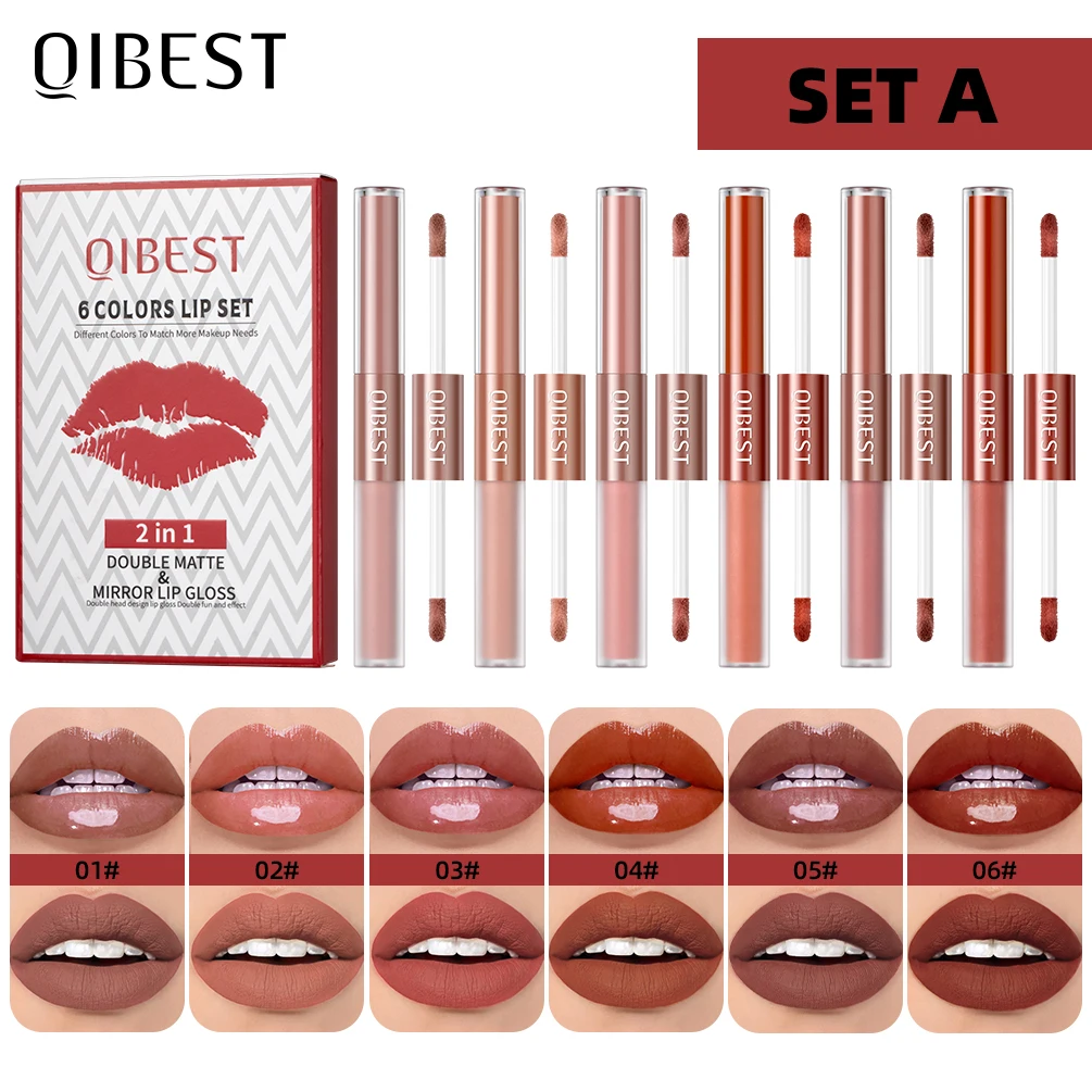 

QIBEST Double-head Matte Velvet Liquid Lipstick Long Lasting Non-Stick Cup Nude Mirror Lipgloss For Women Lips Makeup Cosmetics