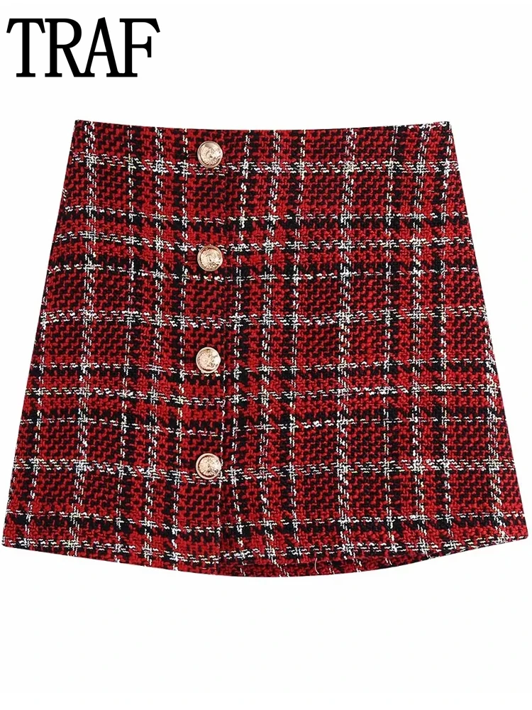TRAF Tweed Plaid Skirt Women High Waist Mini Skirts Womens 2022 Streetwear Winter Short Skirts