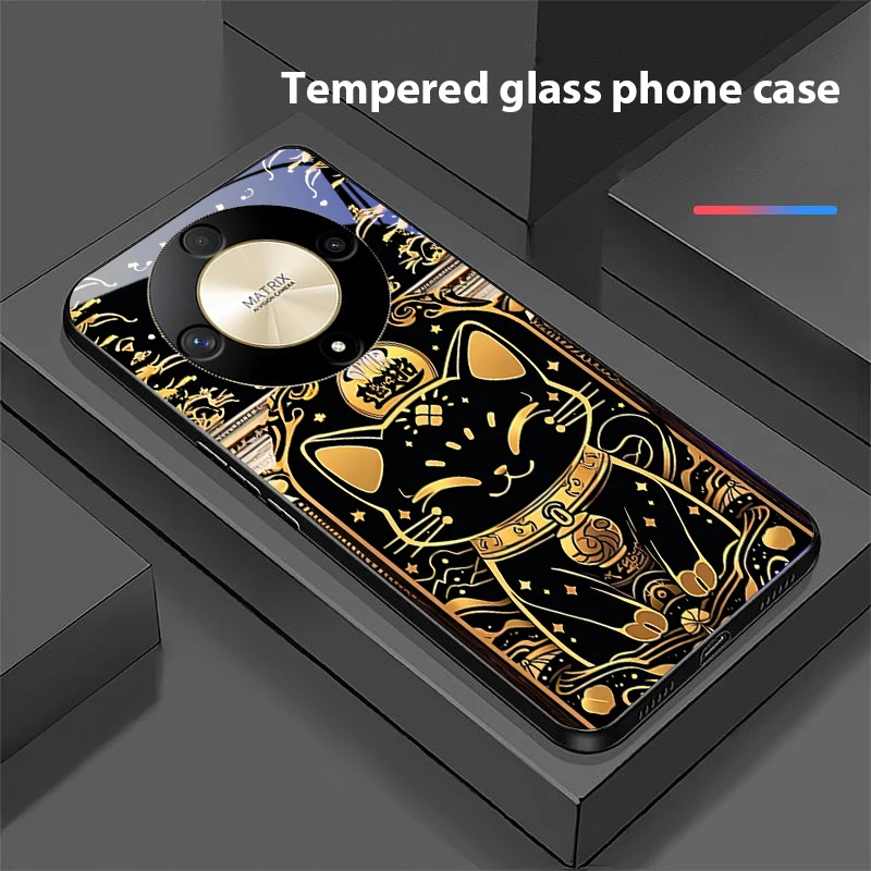 Black Gold Cat Design Tempered Glass Phone Case