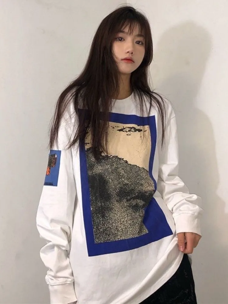 

QWEEK Harajuku Vintage Graphic T Shirts Women Streetwear Oversize White Cotton Tops Femme Grunge Hip Hop Long Sleeve Tees Autumn