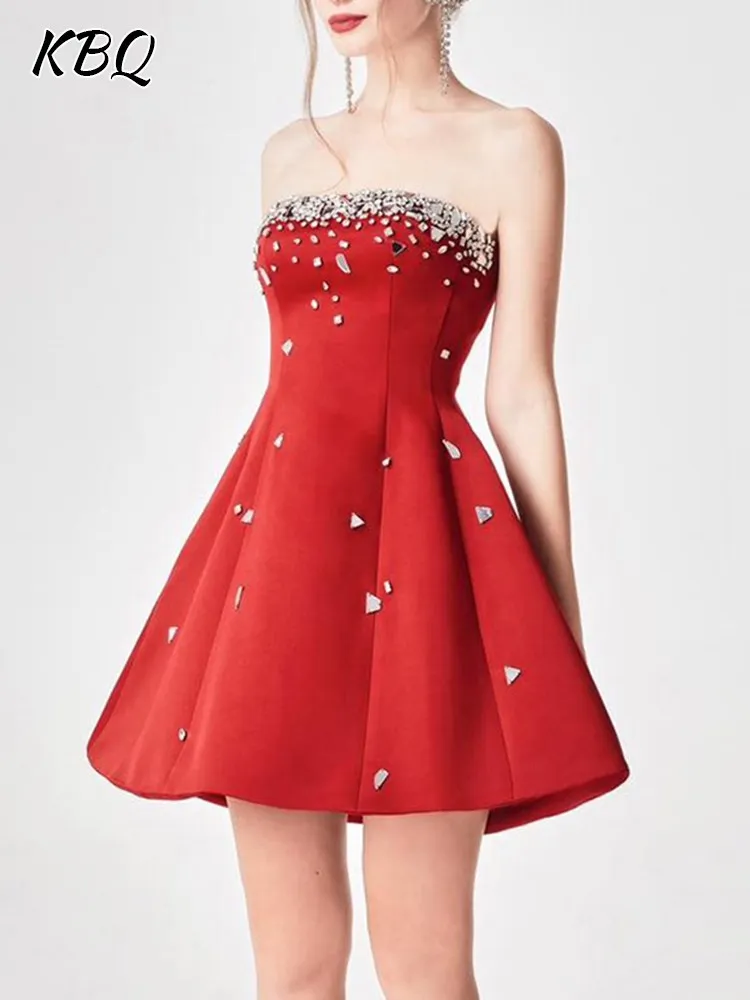 

KBQ Patchwork Diamonds Elegant Dresses For Women Strapless Sleeveless High Waist Slimming Temperament Dress Female Fashion Style