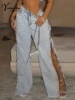 Sexy hole rhinestone denim pants women fashion baggy pants hotwife streetwear high waist wide leg jeans woman clothing trousers 1