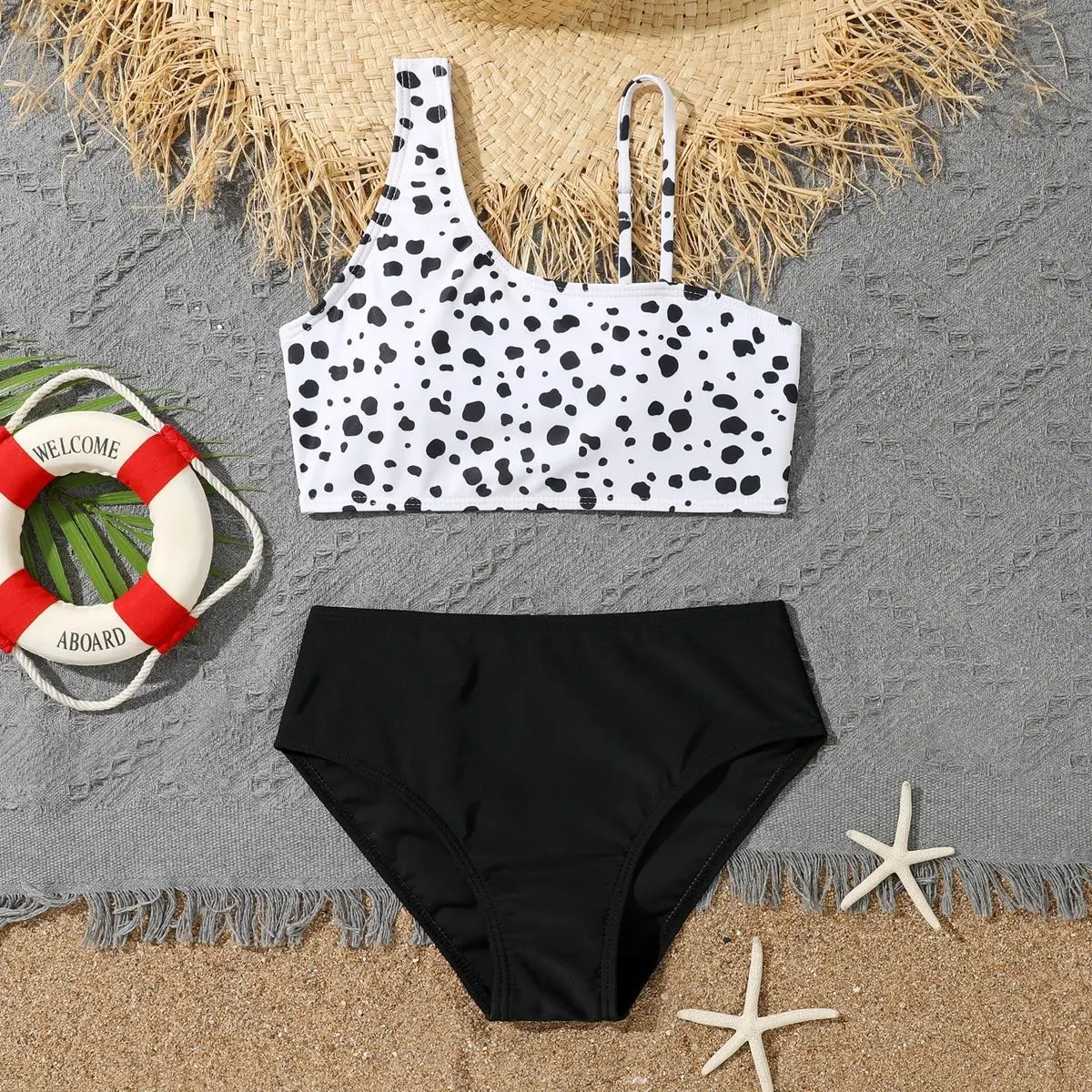 7-12 Anni Dot Print Girls Kids Swimwear Summer One Shoulder Costume Da Bagno Per Bambini A Vita Alta Biquini Teens Costume Da Bagno Bikini Set