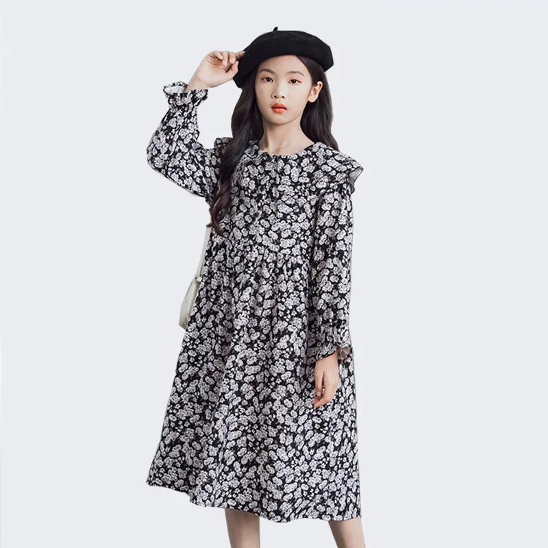 

Autumn Girls Floral Dress Long Sleeve Casual Mid-length Young Children Princess Dresses Print All-match 10 12 Years Kids Clothes