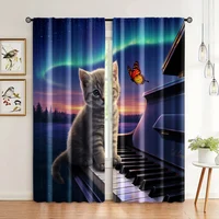 2pcs, Window Drapes Cat with butterfly on piano Protecting Privacy Festive Backdrops for Indoor Use bedroom decor 1