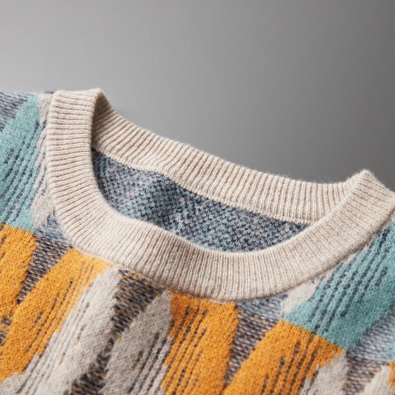 Autumn/Winter 100% Merino Wool Knitted Jacquard Vintage Cashmere Sweater Men's O-Neck Pullover Casual Loose Large Thickened Top 4