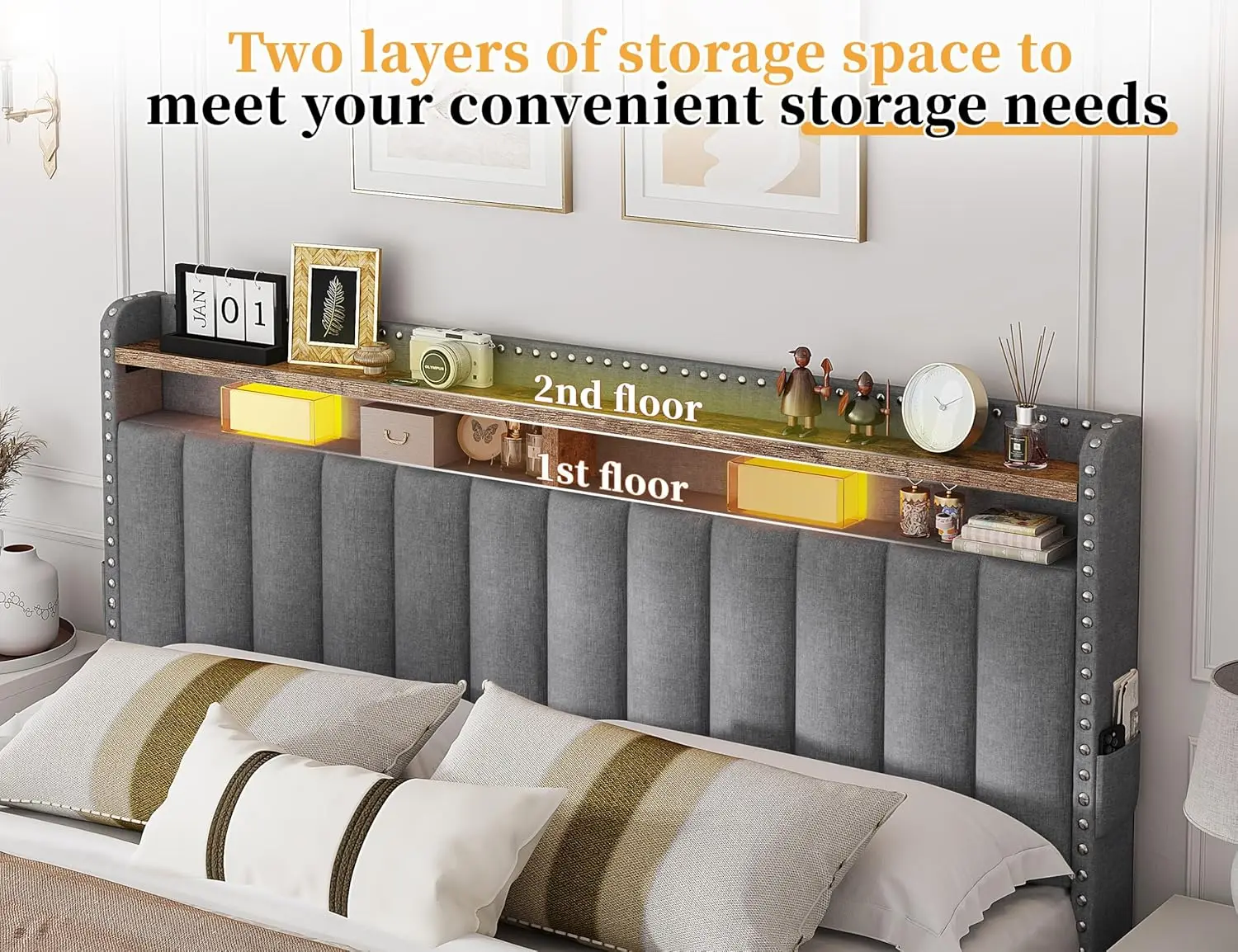 King Size Bed Frame with 4 Storage Drawers, Upholstered King Bed Frame and headboard with 2-Tier Shelves,Mattress Foundation 5