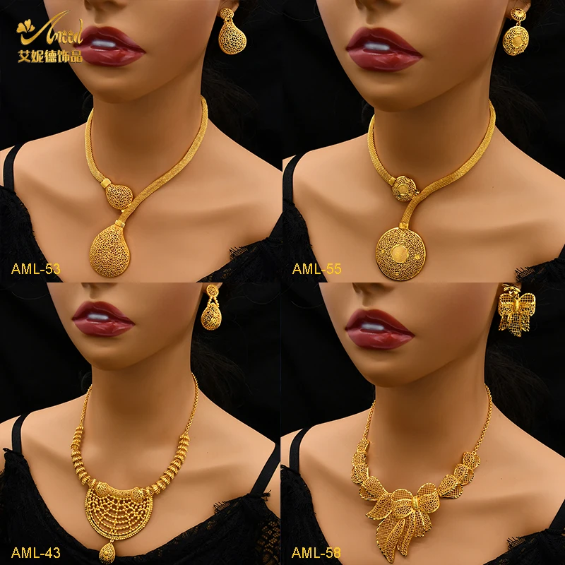 

ANIIN Africa Indian Bridal Copper Necklace&Earring Set With Pendant Ethiopia 24k Gold Plated Charm Jewelry Dubai Wholesale Gifts