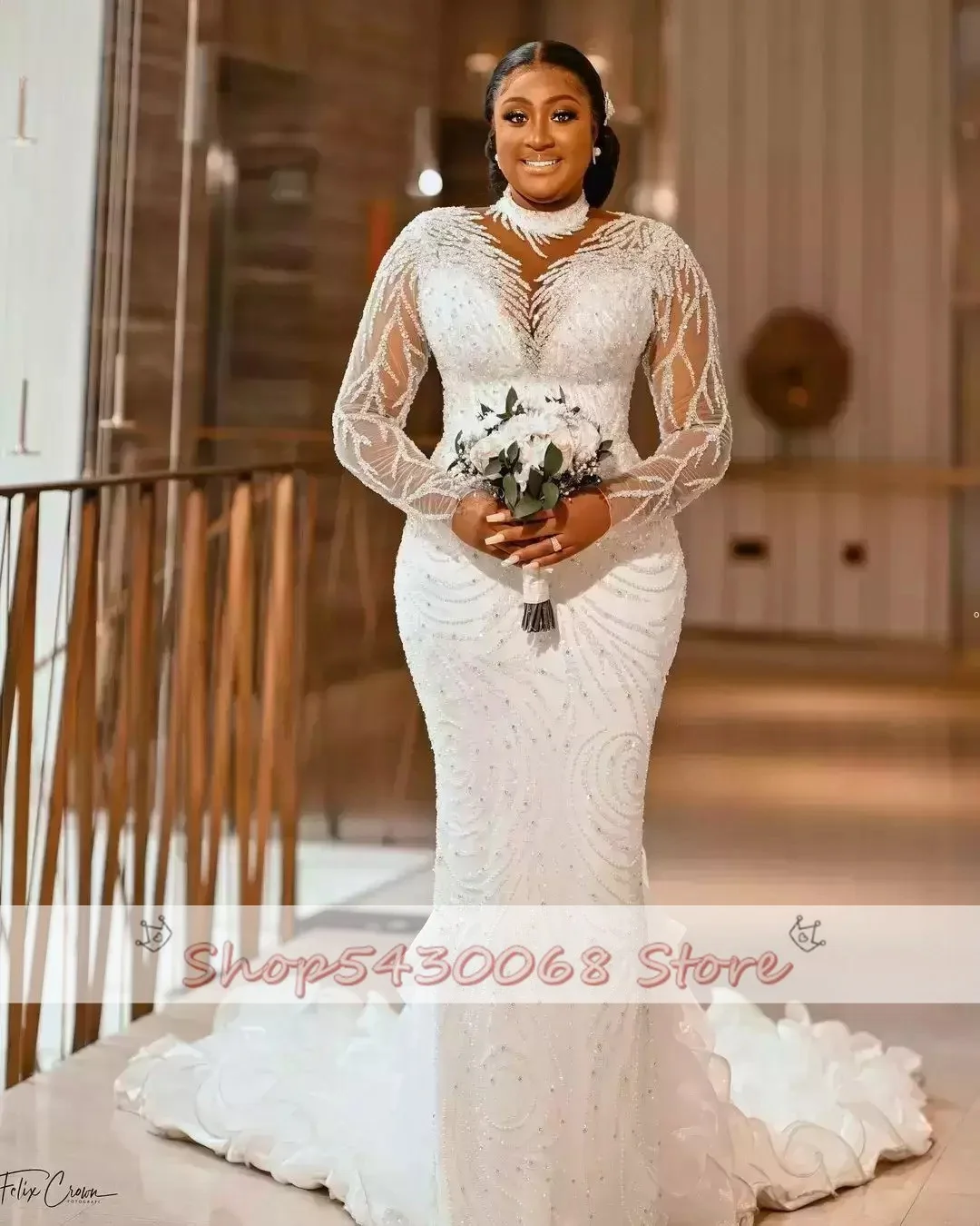 2023 Plus Size Arabic Sheer Neck Mermaid Wedding Dresses Sexy Long Sleeves Lace Beaded Bridal Gowns Vestidos De Novia