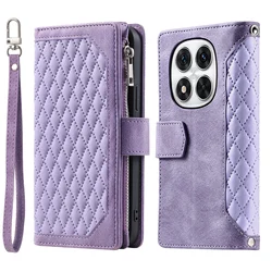 Crossbody Leather Wallet Case with Zipper Pocket and Long Lanyard - Grid Pattern Cover - Redmi Note 13 5G (PURPLE)