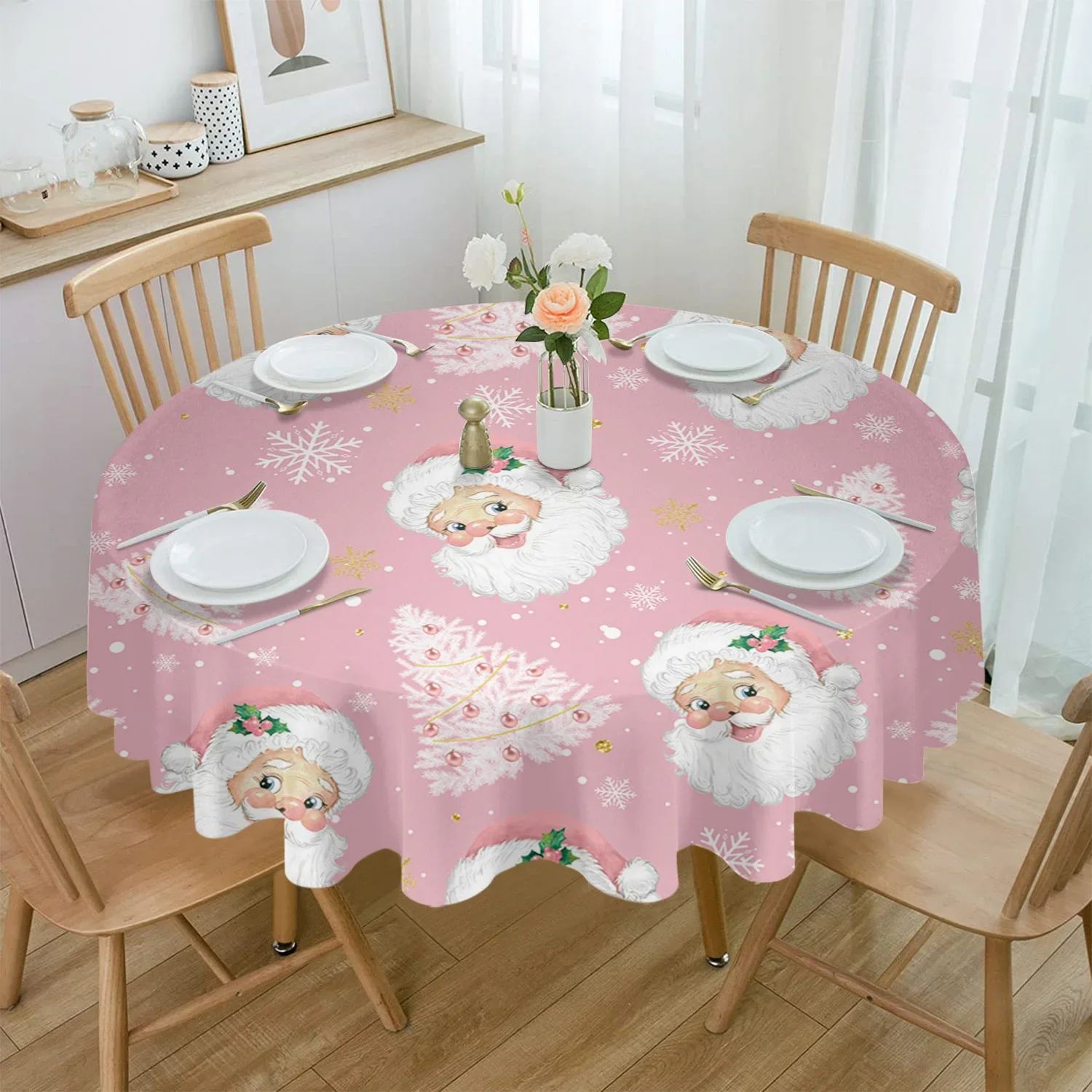 

Christmas Pink Santa Claus Snowflakes Round Tablecloth Waterproof Wedding Decor Table Cover Xmas Home Decorative Tablecloth