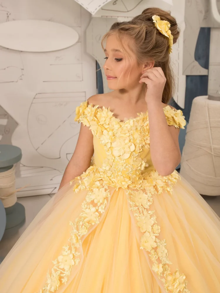 Yellow Flower Girl Dresses Tulle Tiered Appliques With Tailing Sleeveless For Wedding Birthday Party Banquet Gown flower girl dresses floral appliqu&eacute; dress