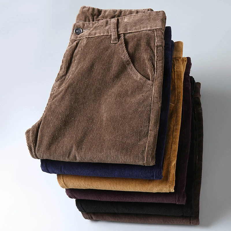 Men's Corduroy Pant Straight Fit Flat-Front Casual Chino Pants Business Fashion Trousers Male Brand Clothes 2