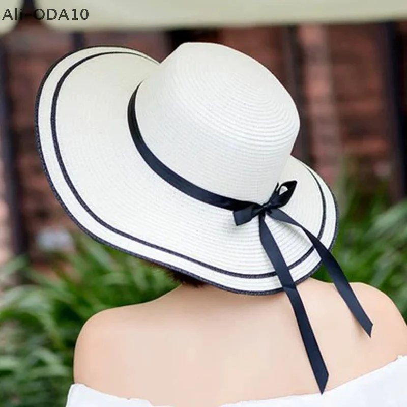 (ODA10)Summer Beach Bow Straw Hat For Women Large Brim Sun Protection Hat Fashion Vacation Sunshade Visors