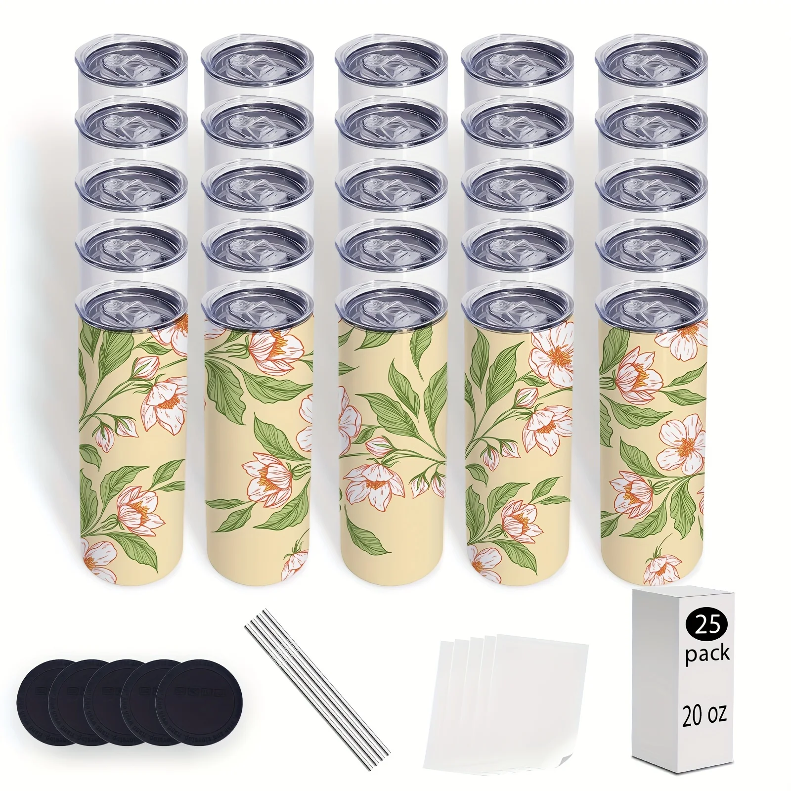 

25pcs 20oz & 30oz Stainless Steel Skinny Tumblers, Double-Walled Insulation, Customizable Sublimation Blanks with Straws - Ideal