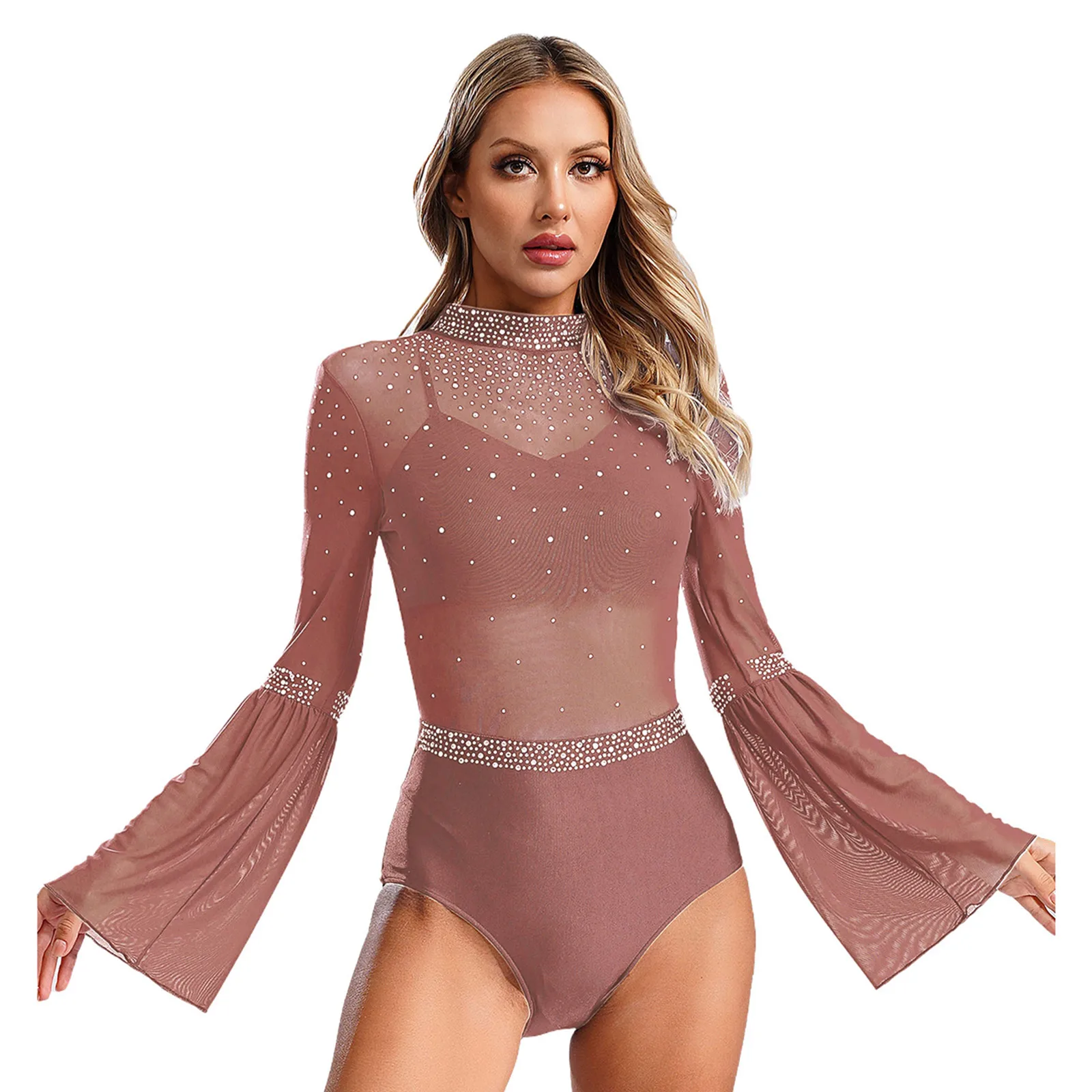 Women's Figure Skating Bodysuit Rhythmic Gymnastics Jumpsuit Flare Sleeve Ballet Dance Leotard Dancewear Performance Costume