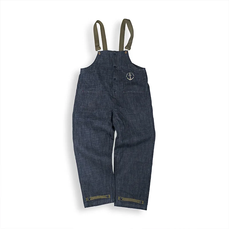 대형 작업복 Europen Retro Navy 데크 오버올 워시 데님 야외 캠핑 바베큐 라이딩 밀리터리 레드 귀 스트레이트 레그 청바지