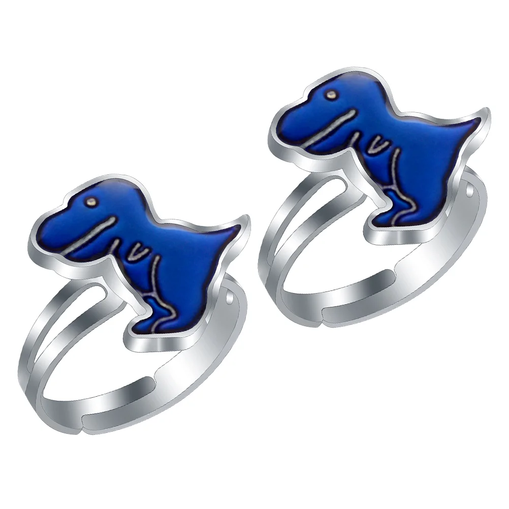 2pcs Dinosaur Shaped Mood Sensing Temperature Rings Color Changing Finger Rings Adjustable Kids Accessories Fashion Toys Pretend