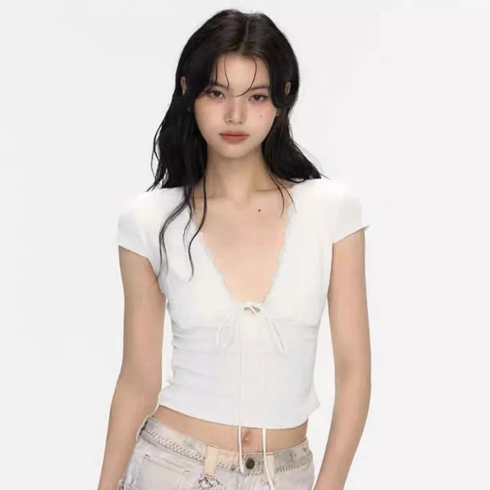Chic V Neck Slim Crop Tops Short Sleeve Lace Bottoming T-shirt Sweet Elastic Camisole Streetwear