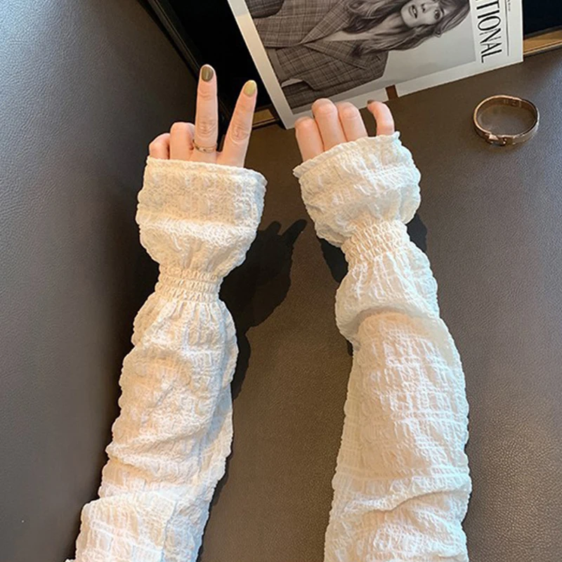 

Однотонные шифоновые плиссированные солнцезащитные перчатки с длинными рукавами Защита от УФ-лучей рукава Обложка для женщин безпальцевые рукавицы для езды на велосипеде вождения