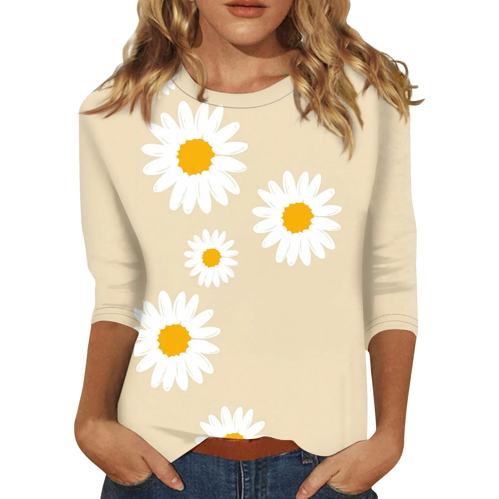 

2024 Loose Tops For Women Elegant Casual Floral Print Round Neck Three-Quarter Sleeves T-Shirt Sudaderas Nuevas одежда женская