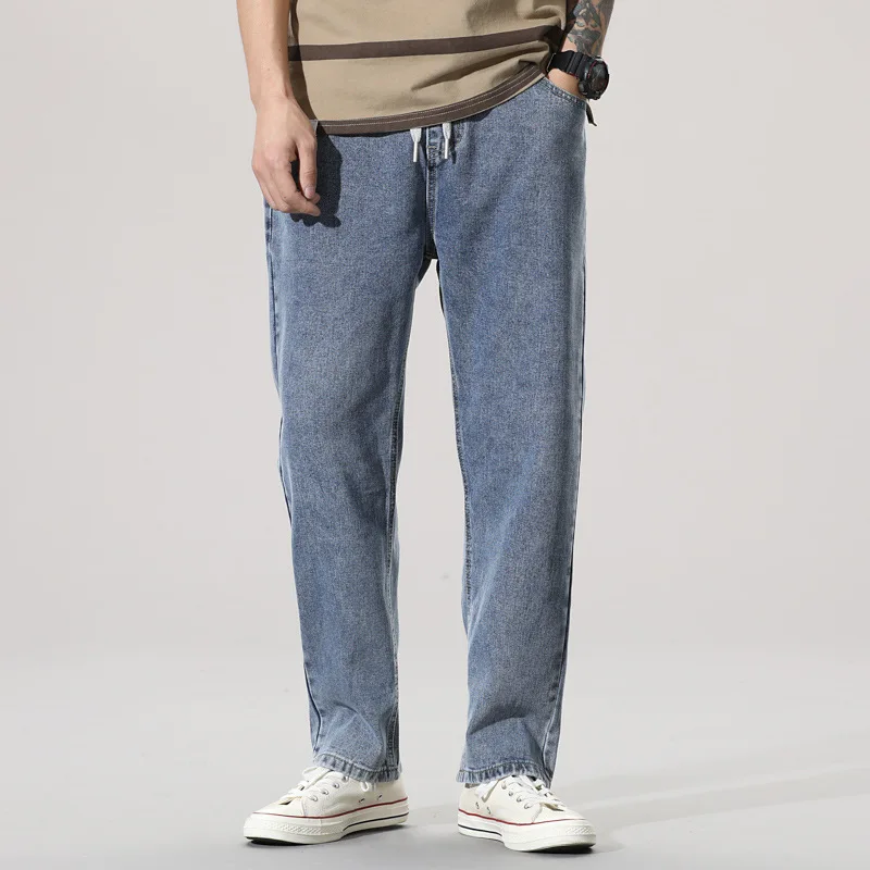 2022 New Streetwear Baggy Jeans Men Korean Fashion Loose Straight Wide Leg Pants Male Brand Clothing Light Blue Elastic Waist