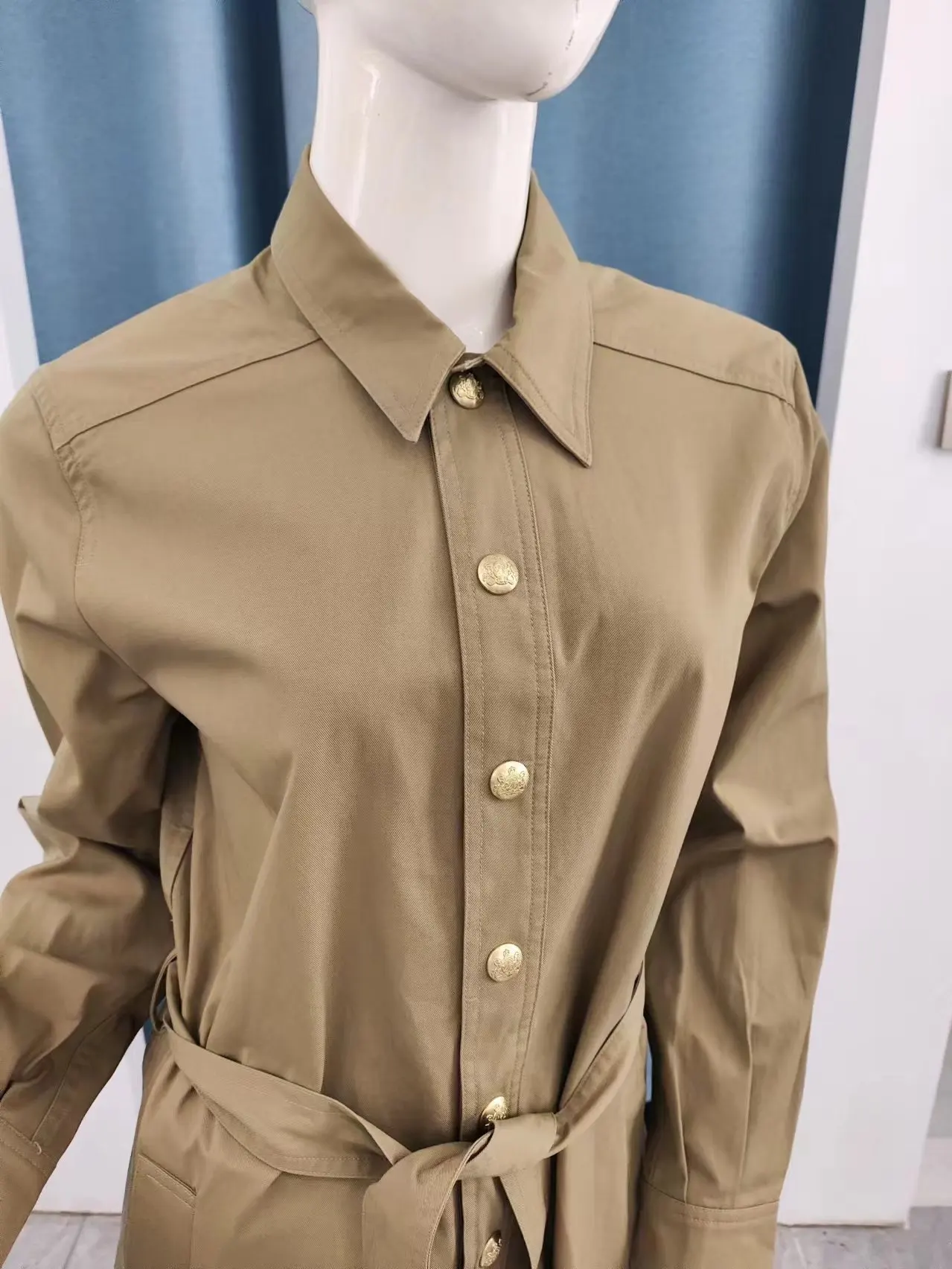 Fenggejiwo Women's Spring and Autumn Pure Cotton Belt Windbreaker Shirt Style Dress