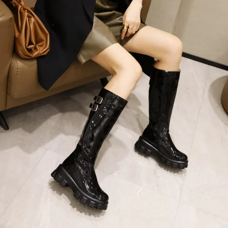 여성용 두꺼운 힐 벨트 버클 하이 부츠, 캐주얼 오토바이 부츠, 높이 5cm, 34-43, 가을, 겨울, 새로운 스타일 패션