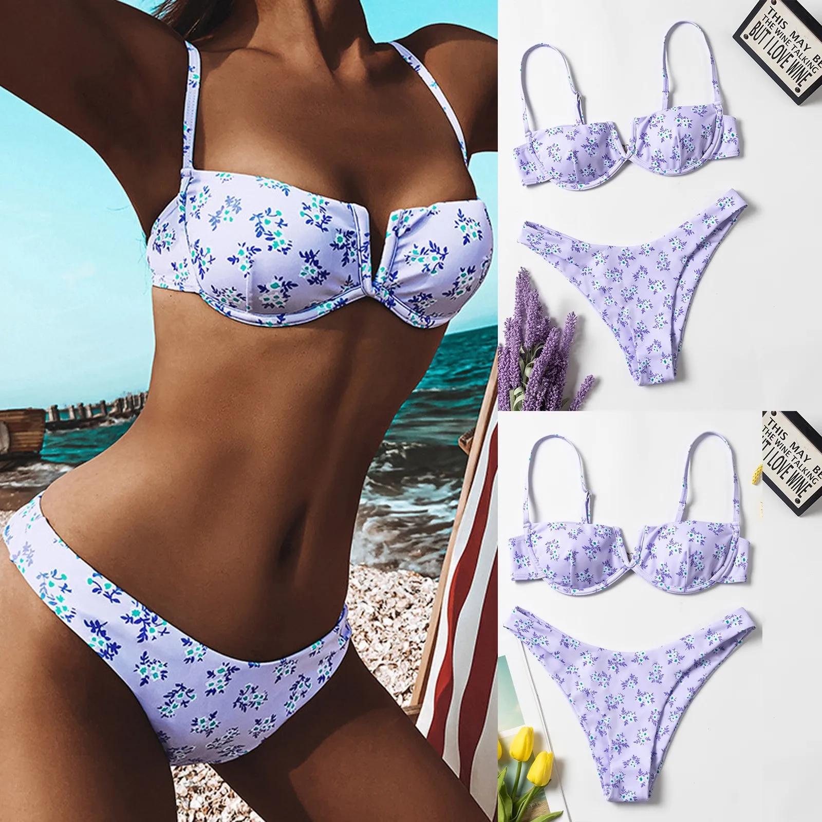 

Fashion Women Beach Beach Sexy Deep V Swimsuit Floral Straps Bikini Set Dock And Swim Shorts