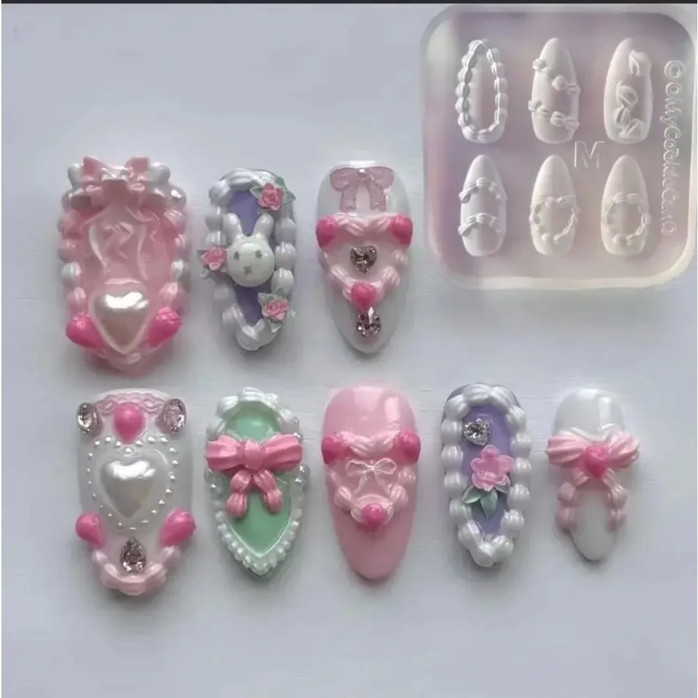 케이크 크림 레이스 하트 실리콘 네일 몰드 달콤한 Y2K 네일 아트 장식 템플릿 DIY 디자인 투명 매니큐어 스텐실 1