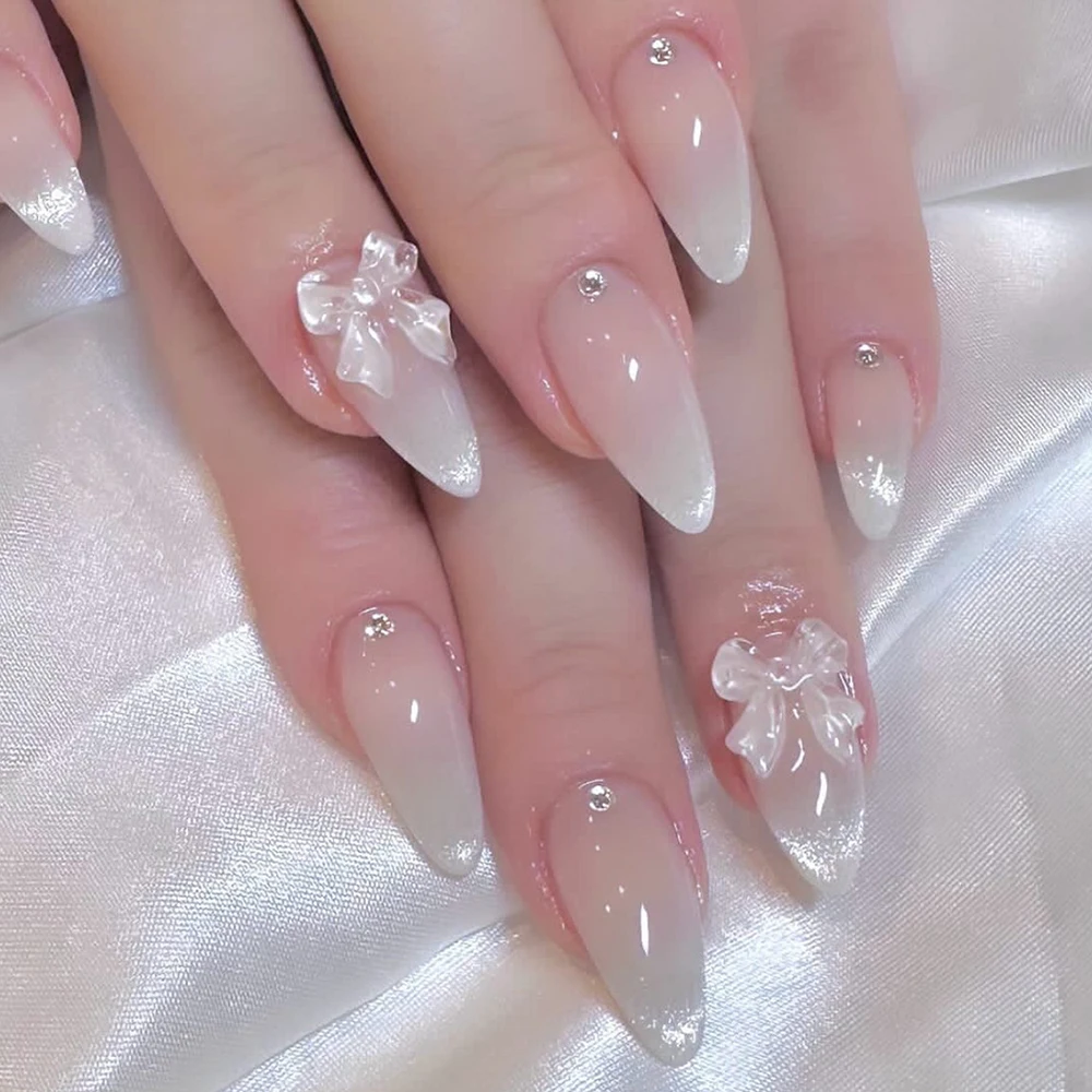 White Bowknot Rhinestone Nail Art French Cat Eye False Nails Fashion Detachable Finished Fake Nails Press on Nails with Glue