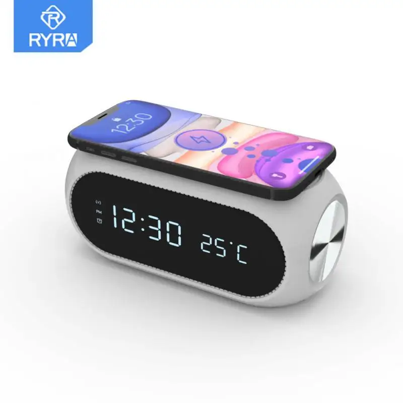 

RYRA 15W Wireless Charging Clok Desk Digital Clock Alarm Clock For Table Bedroom Office LED Display Thermometer Humidity Clock