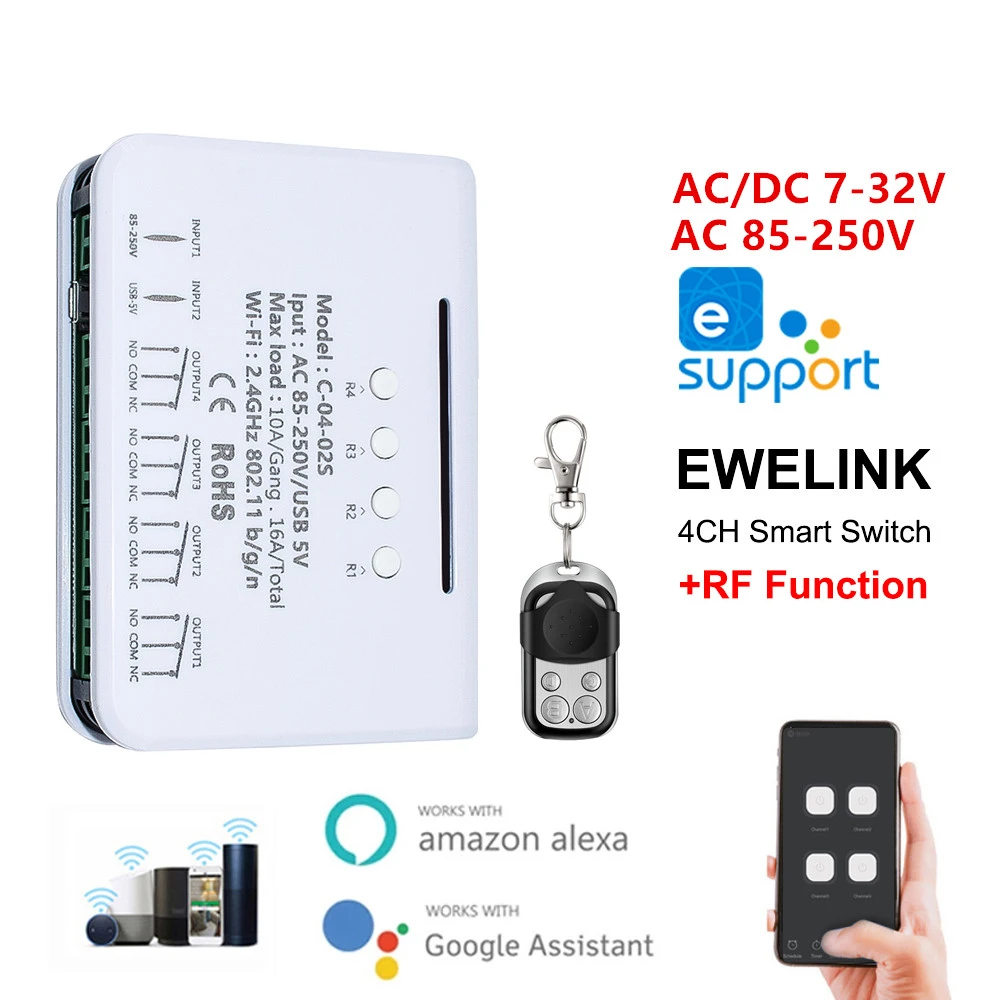 4CH EWelink Wireless Switch,WiFi Switch Module,EWelink APP,Remote Control,DIY Smart Home,4Gang Relay,work with Alexa Google Home