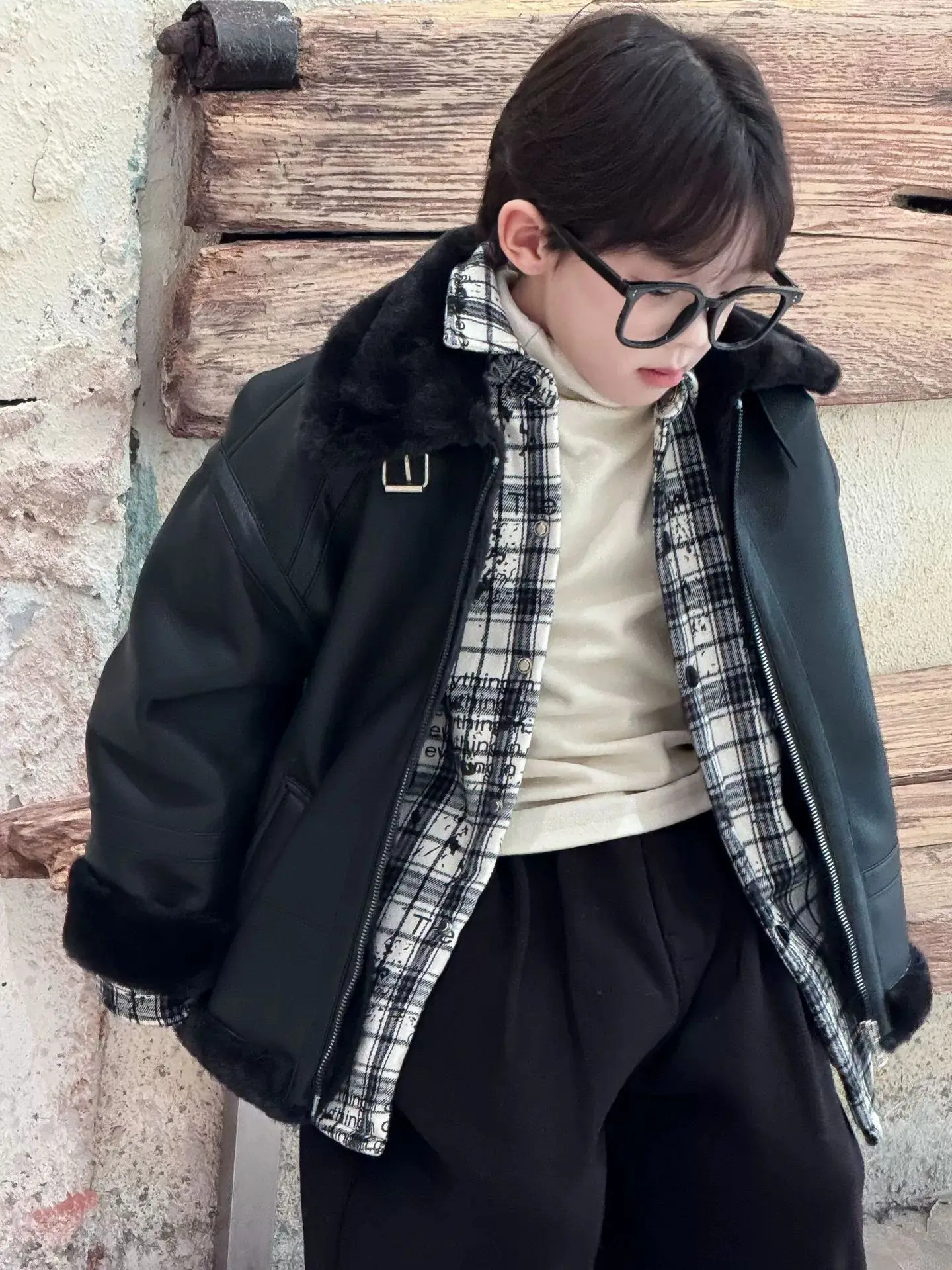 Children's Warm Brown Zipper Jacket Thick Faux Leather Coat Boys Winter New Korean Style Solid Turn-Down Collar Outwears