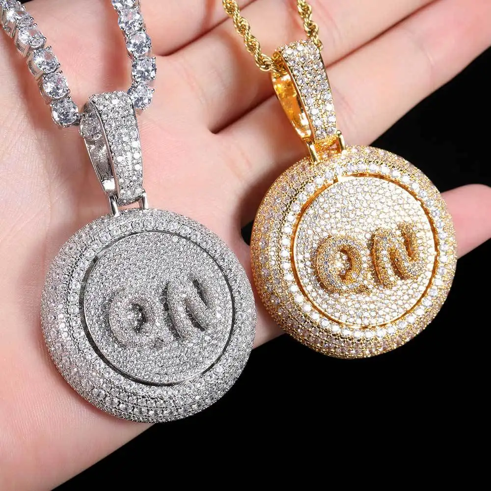 Disk Rotating Letter Round Shape Custom Pendant Zircon Personalized Name Initial Pendant Necklace personalized custom photo necklaces hip hop rotating double sided copper zircon pendant necklace for men women jewelry