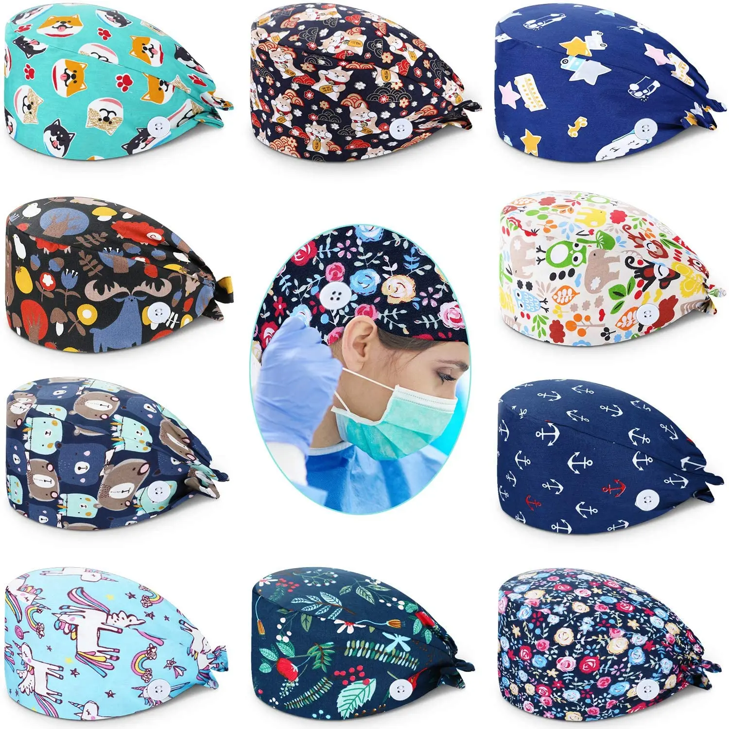 Scrub Caps For Women Men Long Hair Dental Bouffant Hats With Buttons