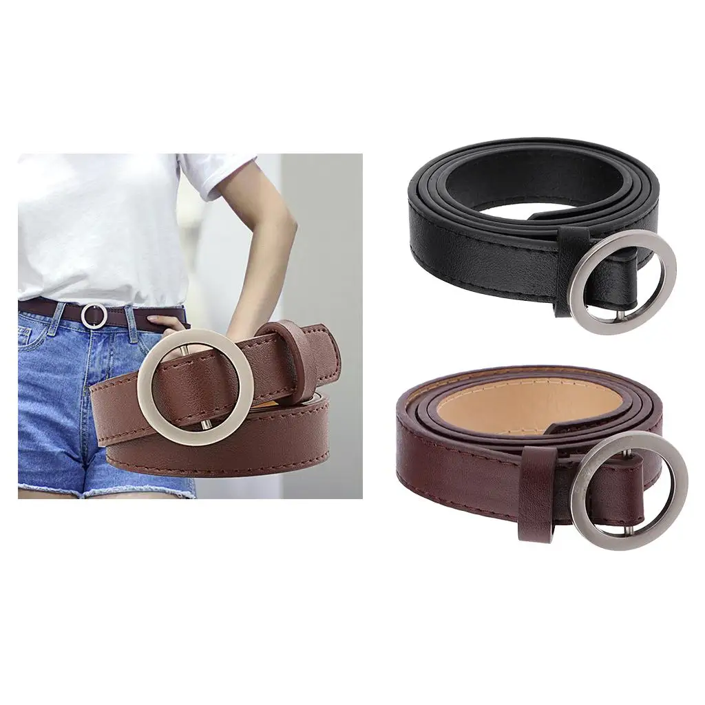 

Womens Retro Leather Slim Waist Belt, of Punch, Round Buckle