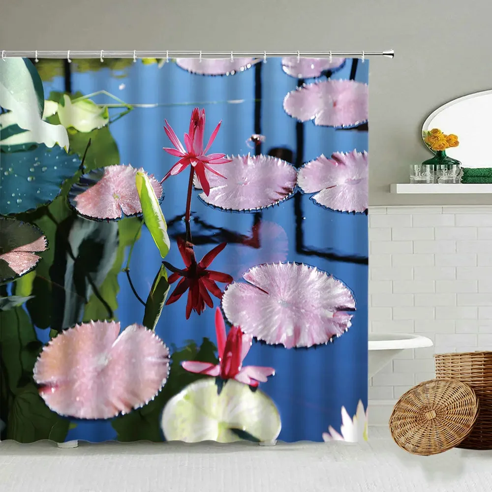

Bathroom Showuer Crtain Pond Lotus Plant Flowers and Birds 3D Printed Bathroom Curtain Home Decor