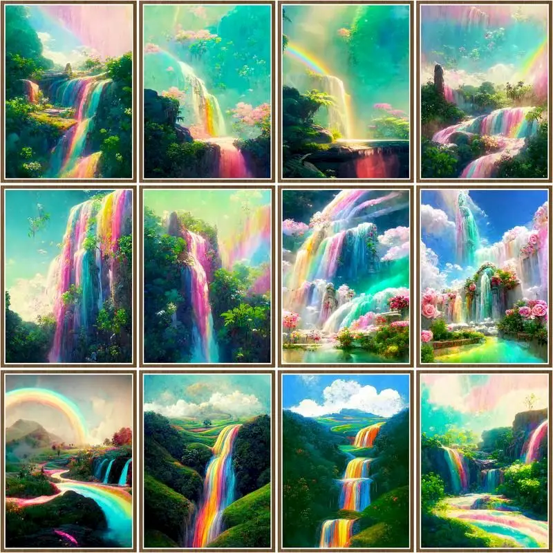 

CHENISTORY Oil Painting Mountain Rainbow Waterfall Kits Handpainted Picture By Numbers Drawing On Canvas For Adults Diy Gift