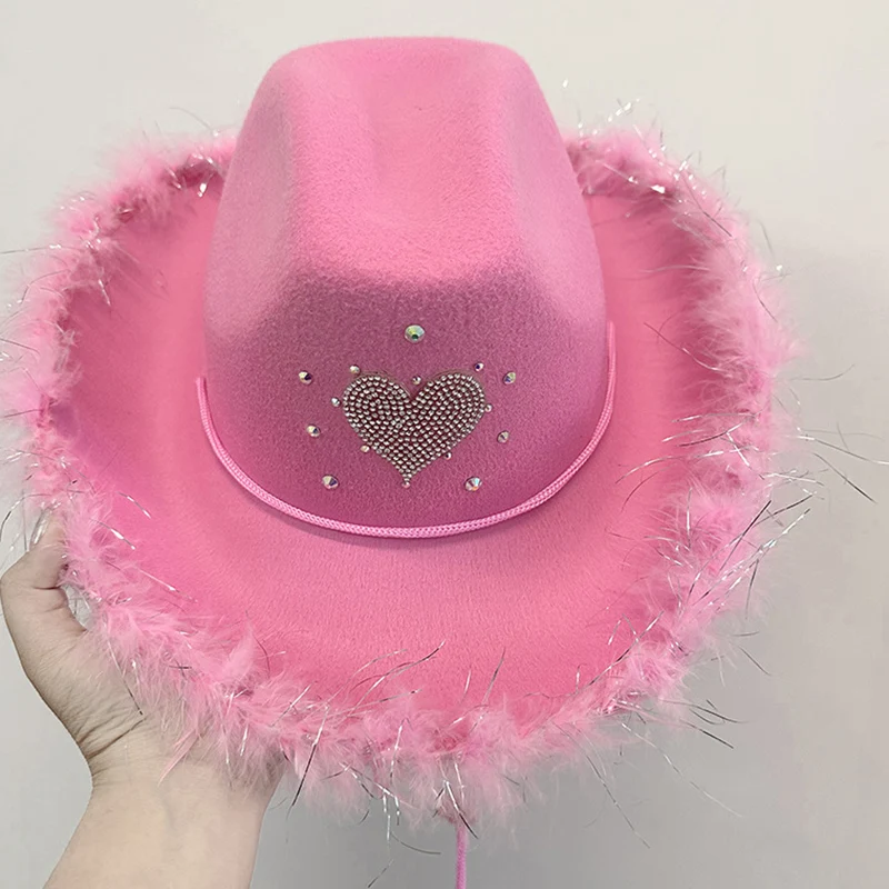 Women Cowgirl Hat Rhinestone Heart Fuzzy Trim Wide Brim Cap for Fiancee Shower Bachelor Parties Cowboy Hats
